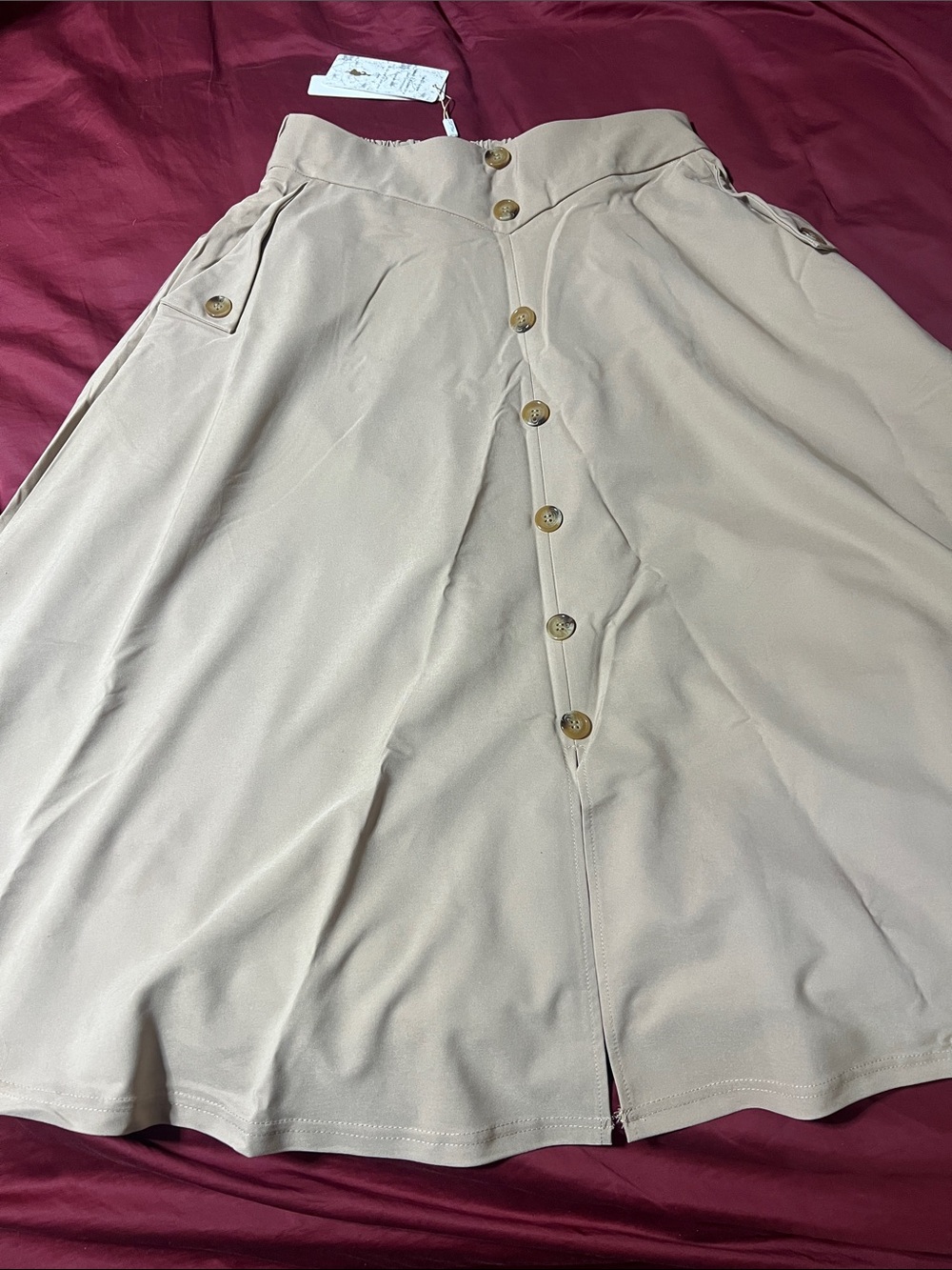Belle Poque High-Waist Button-Front A-Line Skirt in Beige